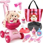 vamei Toy Dogs for Kids Electronic Pets, Interactive Plush Puppy Dog Walking Barking Wagging Dog with Stroller Feeding and Grooming Set Pretend Play Toys Christmas Birthday Gifts for Girls Toddler