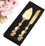 Cake Slice Cake Cutting Set for Wedding Gold Cake Cutter and Server Set with Rose Handle Elegant 2Pcs Cake Serving Set Gift for Engagement, Anniversary, Birthday