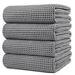 Polyte Microfiber Oversize Quick Dry Lint Free Bath Towel, 60 x 30 in, 4 Pack (Gray, Waffle Weave)