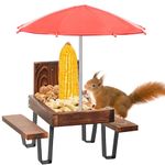 KHayRovies Squirrel Feeder for Outside, Squirrel Feeder Picnic Table with Umbrella and Corn Cob Holder, Outdoor Squirrel Chipmunk Feeding Bench Station for Garden Trees Forest House Ornament