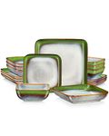 vancasso Dinner Sets, Square Reactive Glaze Crockery Set, 16-Piece Ceramic Plates and Bowls Set with Dinner Plate, Dessert Plate, Bowl and Soup Plate. Vintage Green Look, Service for 4