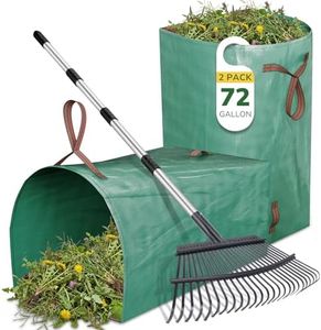 GreatBuddy Leaf Rake and Leaf Bags Combo, Adjustable Metal Garden Rake 29''-72'' 25 Tines, 2 Pack 72 Gallon Reusable Yard Waste Bags, Heavy Duty Lawn Rake with Dustpan Leaf Collector for Yard Cleanup