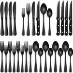 BLATUS 24-Piece Black Silverware Set with Steak Knives, Black Flatware Set for 4, Food-Grade Stainless Steel Tableware Cutlery Set, Mirror Finished Utensil Sets for Home Restaurant