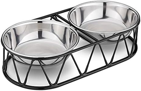 Navaris Stainless Steel Dog Bowls - Cat Food Bowls with Stand - Elevated Double Bowl and Holder for Cats & Small Dogs Raised Metal Wire Stand - Black