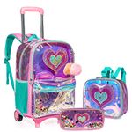 HTgroce 3PCS Rolling Backpack for Girls, Kids Roller Bookbag with Wheels, Wheeled School Bag Set for Elementary