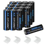 CITYORK 16 Pack 1.2V Ni-MH AA 3000mah Rechargeable Battery, NIMH Pre-Charged AA Rechargeable Battery 1.2V 3000mAh Long Lasting for Solar Lights, Remote Controller, Electric Toys