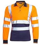 shelikes Mens Hi Vis Viz High Visibility Reflective Tape Safety Polo Contrast Long Sleeve Workwear Tee Tshirt Top Orange/Navy