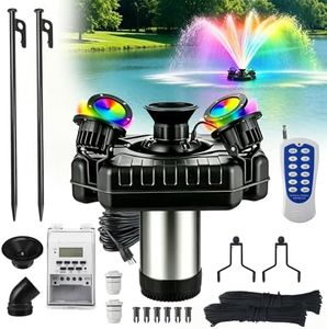 Pond Fountain Aerator with 4 RGB Lights, 1HP 750W 110V Stainless Steel Floating Water Fountain Pump with 100Ft Power Cord, Octagon Aerating Decor for Large Small Ponds & Lakes, 2 x 100Ft Traction Rope