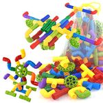 80 Pieces Toy Pipe, Tubular Spout Construction Building Blocks, Fun Educational Building Construction Toys with Wheels, Parts and Storage Bag for Kids Boys Girls Ages 3+