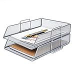 EXERZ Letter Trays 2pcs Stackable Paper Sorter/Desk Organiser/File Tray for Desk - Wire Mesh Metal File Rack - Office, School, Home Study (EX63574-2SILVER)