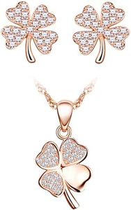 CPSLOVE Collares y Pendientes para mujer y niña, Juegos de joyas de plata 925, Collar Colgante de trébol de cuatro hojas, con cadena de 45cm, Pendientes de trébol de cuatro hojas, Circón, Oro rosa