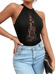 GORGLITTER Women's Mesh Sheer Sleeveless Bodysuit Halter Neck Sexy Lingerie Top Floral Black L