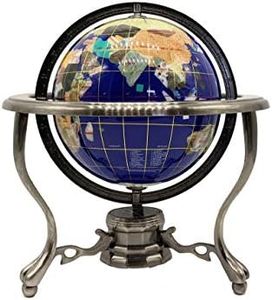 Unique Art 10-Inch Tall Table Top Blue Lapis Ocean Gemstone World Globe with Silver Tripod Stand