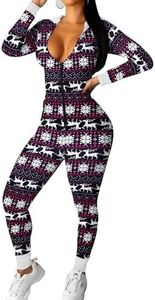 Ekouaer Christmas Onesie Women Sexy Pajamas Zipper Halloween One Piece Bodycon Outfit Jumpsuit Costume Black Deer Print XXL