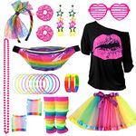 80s Costume Outfits Accessories Set for Girls, 1980s Fancy Dress Party Kits with T-shirt Tutu Bumbag Headband Earring Necklace Fishnet Gloves Leg Warmers Glasses Bracelet Scrunchies for Women Dress up