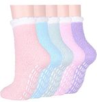 Fluffy Slipper Socks for Women and Girls, 5 Pairs Warm Cosy Bed Fuzzy Socks with Grips, Winter Thermal Non Slip Grip Socks for Causal Home Sleeping