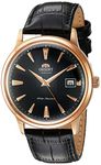 Orient '2nd Gen Bambino Version I' Japanese Automatic Stainless Steel and Leather Dress Watch, Black Dial, Rose Gold Accents, Classic