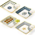 Noamus 4 Pack Dumpling Plate with Dipping Saucer, 7.5" Ceramic Japanese Sushi Platter, Colorful Square Serving Plate with Dish for Home Kitchen, Snack Dessert Salad Fries Fruit Gyoza