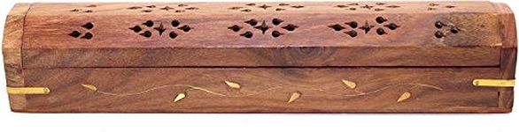 Bramble & Jones Leaf-Solid Wood Wooden Incense Joss Sticks Storage Box with Built in Ash Catcher and Cone Burner, Brown, 33.8 x 7.2 x 7.2 cm