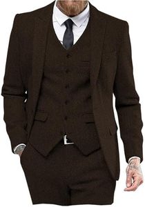 Mens Tweed Herringbone Wedding Suit Prom Tuxedos 3 Piece Peak Lapel Dress(Coffee,XL)
