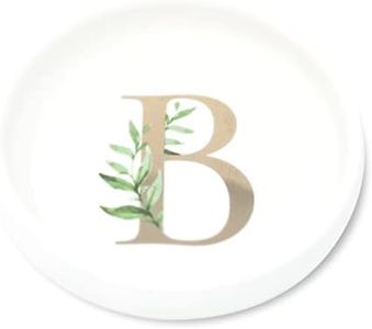 Trinket Tray Ring Dish with Personalized B in Gold Foil and Greenery - White Ring Dish - Monogrammed Trinket Dish or Jewelry Bowl - Cedar & Ink (B)