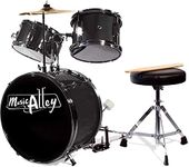 Music Alley Junior Drum Kit for Kids with Kick Drum Pedal, Drum Stool & Drum Sticks - Black