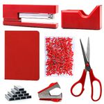 Red Office Supplies,UPIHO Red Desk Accessories,Stapler and Tape Dispenser Set for Women with Stapler,Tape Dispenser,Staple Remover,Staples,Push Pins,Scissor and Pocket Notebook,Gift for Office Clerks