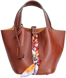 Lafillmiss Leather Handbag (Scarf Detaches) Genuine Leather Bucket Bag for Women,Market Tote Bags with Metal Clasp(Fubao Brown-gold)