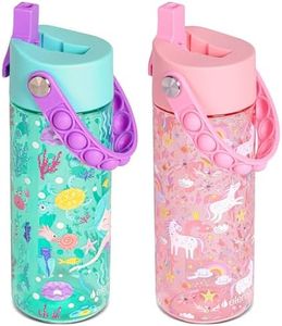 Elemental Leak Proof Water Bottles for Kids - Splash Kids Water Bottle for School with Pop-it Handle - Tritan Plastic Water Bottle with Straw - Mermaid & Pink Unicorn - 18oz (2 Pack)