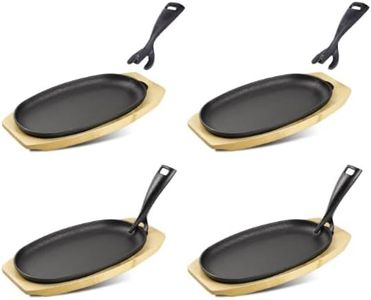 DVK 4 Set Cast Iron Skillet Sizzling Plate With Wooden Base Fajita Skillet With Removable Handle For Home Barbeque Kitchen Service
