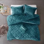 Intelligent Design Twin Duvet Cover Set, Velvet Twin Duvet Set, Luxury Diamond Quilting Teal Duvet Cover, Fluffy Duvet Cover with Decorative Pillow and 1 Sham, 3 Pieces, Teal, Twin/Twin XL