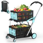 Foldable Shopping Cart, 200 lbs Capacity Grocery Cart on Wheels with Two Collapsible Crate Heavy Duty Collapsible Carts with Foot Brake for Groceries, Office, Warehouse and Supermarket
