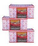 NRBH Non-Woven Fabric Clothes Wardrobe Organiser Set with Transparent Window and Zip Closure Clothes Storage Bag Ideal for Lehenga, Suit, Dress and Saree Packing Covers - Pink Sathiya (Pack of 3)