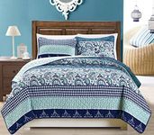 (Oversize Queen, Navy Blue Paisley) - 3-Piece Fine Printed Oversize (250cm X 240cm) Quilt Set Reversible Bedspread Coverlet Full/Queen Size Bed Cover (Navy Blue Paisley)