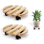 Sharpex Pack of 2 Wooden Trolley for Plants, Flower Pots | Heavy Duty Rolling Plant Stand with Locking Wheels | Round Plant Roller Base for Indoor Patio Outdoor Potted Planter (Beige)