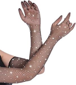 Women Rhinestone Fishnet Long Gloves Mesh Sparkly Glitter Fashion Opera Gloves For Party Halloween Costumes Accessories, Black, One size