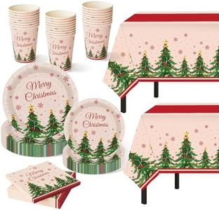 Childom Christmas Party Supplies,102 Pcs Xmas Tree Themed Party Set,Christmas Decoration Dinnerware Set,Disposable Tablecloths Plates Cups Napkins Xmas Tableware For Home,Dinner,Picnic,Holiday,Parties