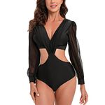 MUOLUX Long Sleeve Bathing Suit, One Piece Swimsuit Puff Sleeve Bathing Suit Swimwear, Black, X-Large