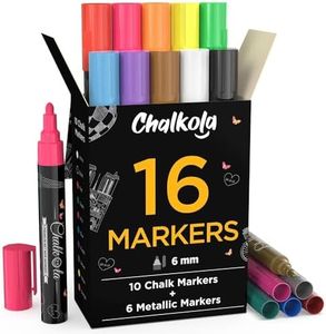 Liquid Chalk Markers & Metallic Colours by Chalkola - Pack of 16 Chalk Pens - For Chalkboard, Blackboards, Window, Glass, Bistro | 6mm Reversible Bullet & Chisel Tip Erasable Ink