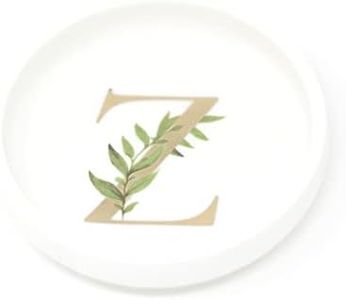 Trinket Tray Ring Dish with Personalized Z in Gold Foil and Greenery - White Ring Dish- Monogrammed Trinket Dish or Jewelry Bowl - Cedar & Ink (Z)