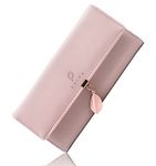 PALAY® Women's PU Leather Long Wallet with Leaf Pendant Card Holders Phone Pocket Girls Zipper Coin Purse (Pink)