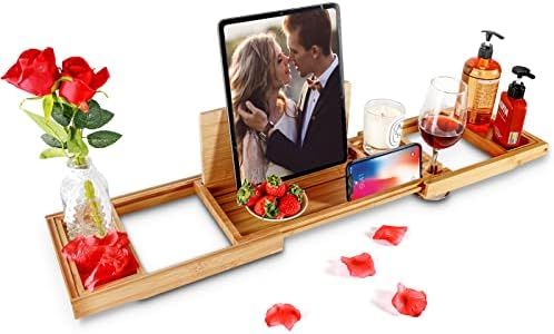 Premium Bamboo Bathtub Caddy Tray With Extending Sides, Adjustable Wood Bath Tray for Luxury Bath, Fits Most Tubs, Accessories Gift Idea