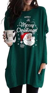 Dokotoo Womens Christmas Shirts Comfort Sweatshirt Casual Winter Fall Outfits for Women 2025 Santa Claus Print Long Sleeve Oversized Tshirts Tunics Tops Oversized Sweatshirt Tshirt Dress Green M