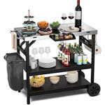 Giantex Outdoor Grill Cart with Wheels, Food Prep Table 3 Storage Shelves, Detachable Spice Rack, Garbage Bag Holder, 4 Hooks, Movable Dining Worktable Trolley for Outside Kitchen BBQ Black & Sliver