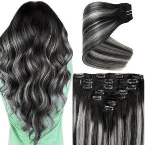 VeSunny Clip in Human Hair Extensions Black Balayage Clip on Hair Extensions Off Black to Silver Grey Clip in Balayage Hair Extensions Human Hair Black 7pcs 16inch