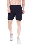 BLUE STAR SHARK 2 in 1 Active Dual Shorts with Inner Tights Layer | Men's Double Layer Shorts for Running, Gym, Cycling, Swimming, Cricket, Tennis & More (in, Alpha, XL, Regular, Navy)