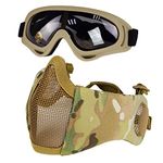 Hodeacc Airsoft Mask and Goggles Set,Half Face Metal Mesh Mask with Ear Protection,Airsoft Glasses Eye Protection for Outdoor Hunting CS Game (CP Mask)