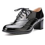 Odema Womens PU Leather Oxfords Wingtip Lace up Mid Heel Pumps Shoes, Black-pat, 8.5