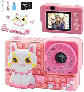 Kids Camera for Boys and Girls, Children Digital Video Toy Camera with Cat Silicone Building Blocks, Selfie Camera for Kids, Christmas Birthday Festival Gifts for Age Above 6 with 32GB SD Card