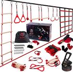 RUNNING PIGGY Two Ways 2*42ft Ninja Warrior Obstacle Course for Kids Or Adult with 9 Accessories | Switch Between Slackline and Ninja Obstacle Kit with Climbing Net, Rope Ladder, Gym Rings and Monkey Bars and Fist